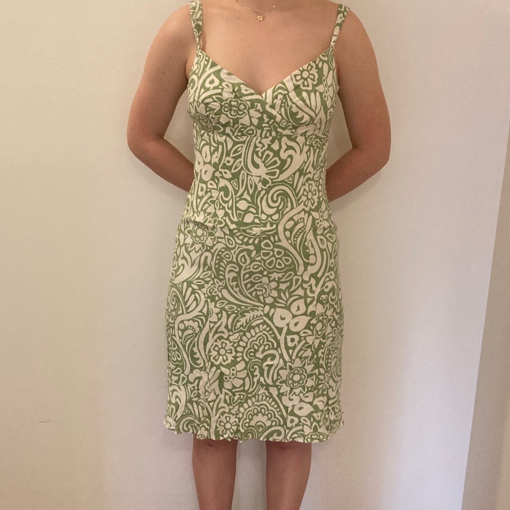 Ann Taylor green and Cream Patterned silk Midi Dress